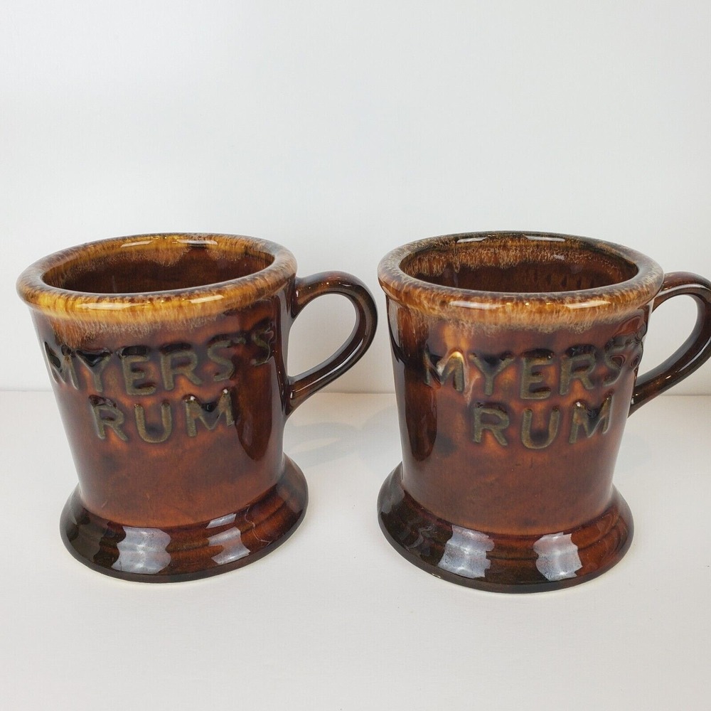 Vintage Myers's Rum Set of 2 Brown Tan Drip Glazed Pottery Mugs Cups